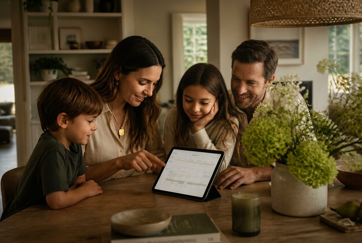 Une famille réunie autour d'une tablette, organisant sa semaine ensemble